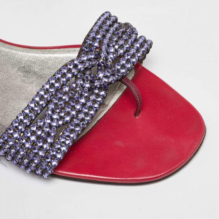 مملوكة مسبقًا Gina Pink Leather Crystal Embellished Flat Slide Sandals Size 40.5