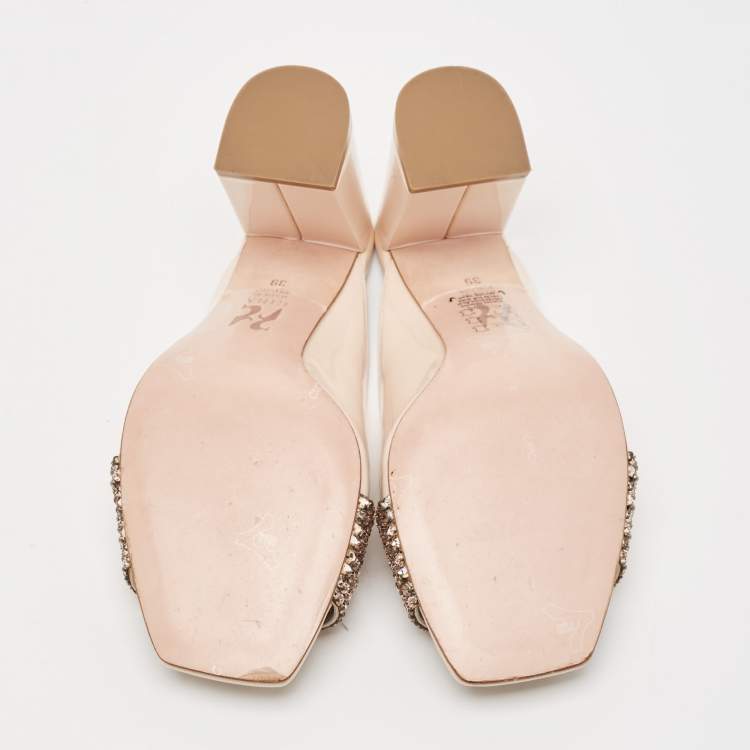 Pre Owned Gina Beige Patent Crystal Embellished Mules Size 39