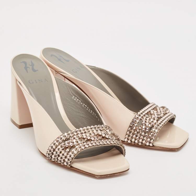 Pre Owned Gina Beige Patent Crystal Embellished Mules Size 39
