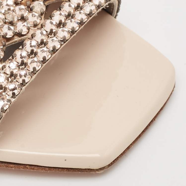 Pre Owned Gina Beige Patent Crystal Embellished Mules Size 39