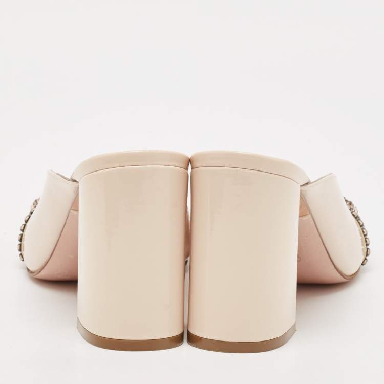 Pre Owned Gina Beige Patent Crystal Embellished Mules Size 39