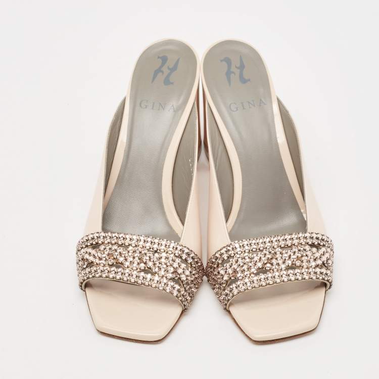 Pre Owned Gina Beige Patent Crystal Embellished Mules Size 39