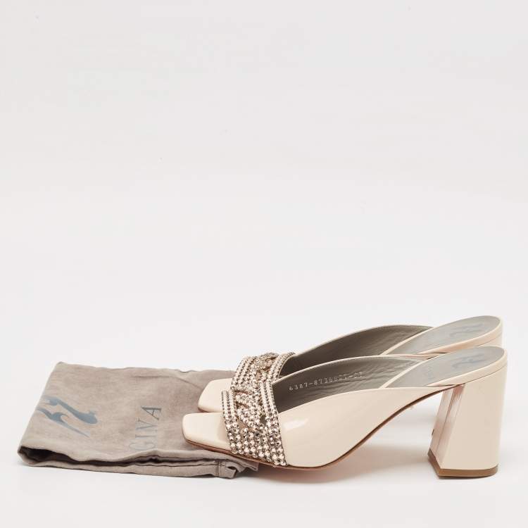 Pre Owned Gina Beige Patent Crystal Embellished Mules Size 39