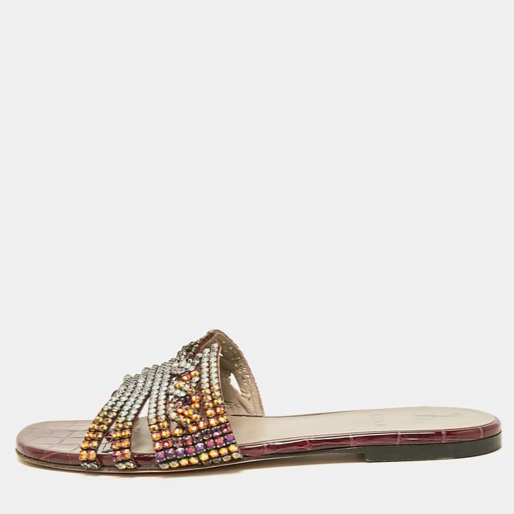 Pre Owned Gina Burgundy Croc Embossed Leather and Crystals Flat Slides Size 39