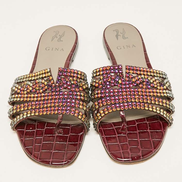 Pre Owned Gina Burgundy Croc Embossed Leather and Crystals Flat Slides Size 39