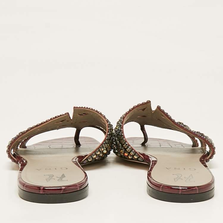 Pre Owned Gina Burgundy Croc Embossed Leather and Crystals Flat Slides Size 39