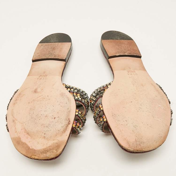 Pre Owned Gina Burgundy Croc Embossed Leather and Crystals Flat Slides Size 39