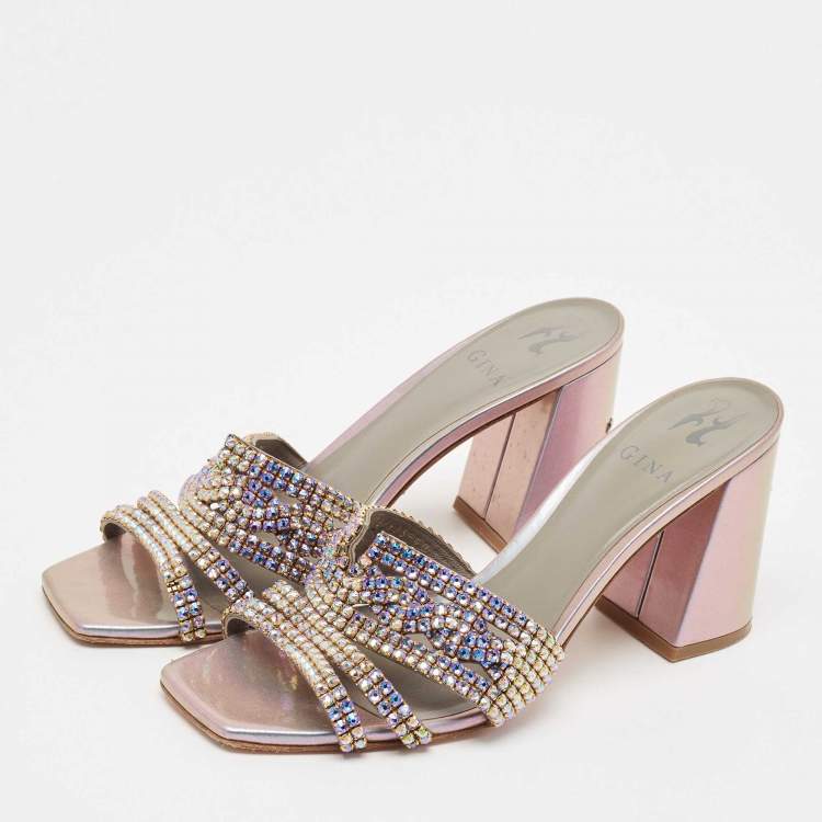Pre Owned Gina Silver Leather Crystal Embellished Gabriella Slide Sandals Size 40