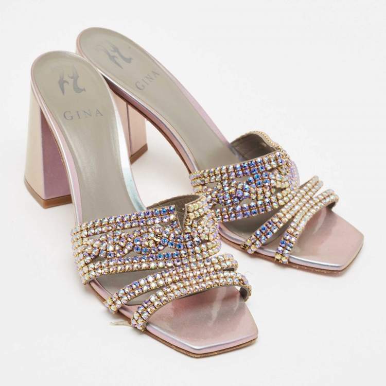 Pre Owned Gina Silver Leather Crystal Embellished Gabriella Slide Sandals Size 40