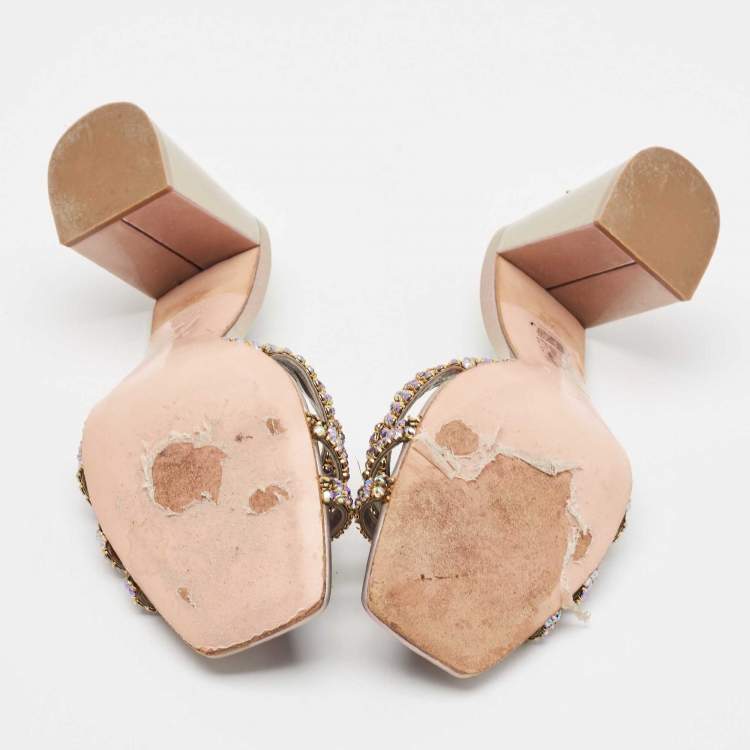 Pre Owned Gina Silver Leather Crystal Embellished Gabriella Slide Sandals Size 40