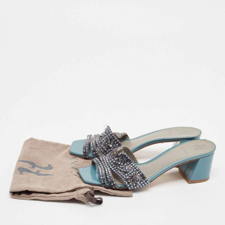 Pre Owned Gina Blue Leather Crystal Embellished Utah Slide Sandals Size 39.5