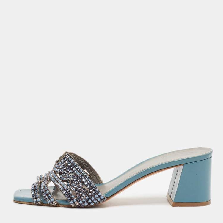 Pre Owned Gina Blue Leather Crystal Embellished Utah Slide Sandals Size 39.5
