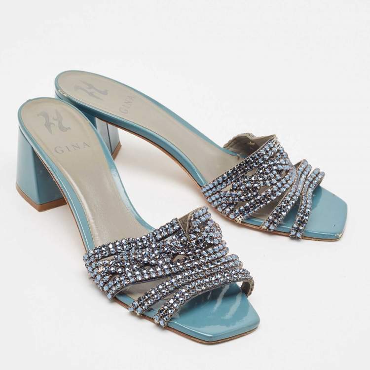 Pre Owned Gina Blue Leather Crystal Embellished Utah Slide Sandals Size 39.5