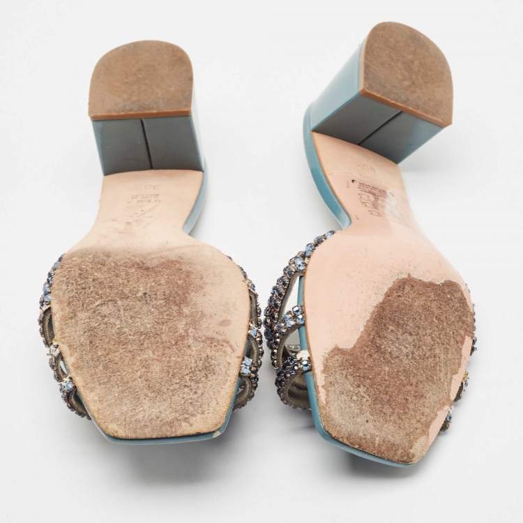 Pre Owned Gina Blue Leather Crystal Embellished Utah Slide Sandals Size 39.5