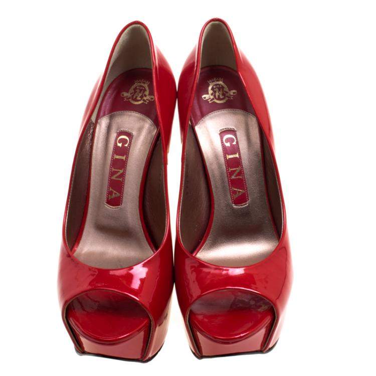 مملوكة مسبقًا Gina Red Patent Open Toe Platform Pumps Size 38