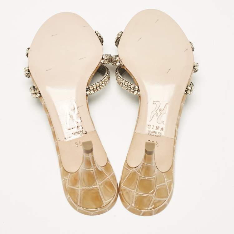 Pre Owned Gina Brown Croc Embossed Patent Leather Crystal Embellished Slide Sandals Size 38.5