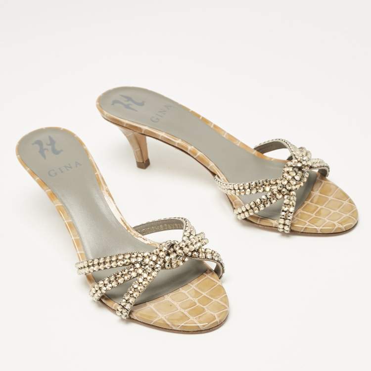 Pre Owned Gina Brown Croc Embossed Patent Leather Crystal Embellished Slide Sandals Size 38.5