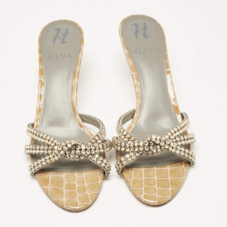 Pre Owned Gina Brown Croc Embossed Patent Leather Crystal Embellished Slide Sandals Size 38.5