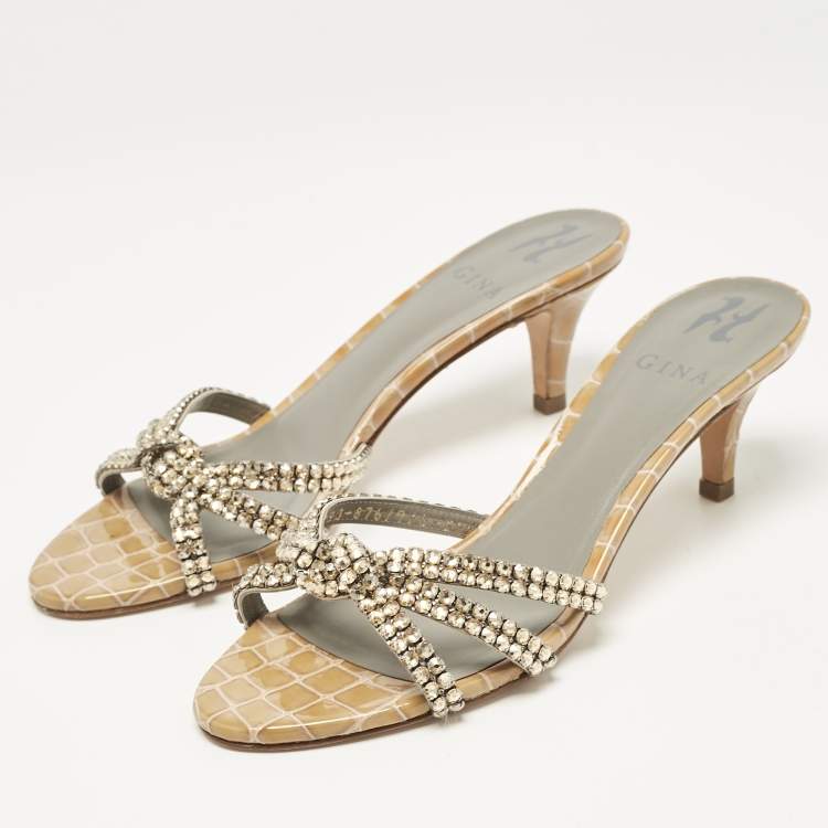 Pre Owned Gina Brown Croc Embossed Patent Leather Crystal Embellished Slide Sandals Size 38.5