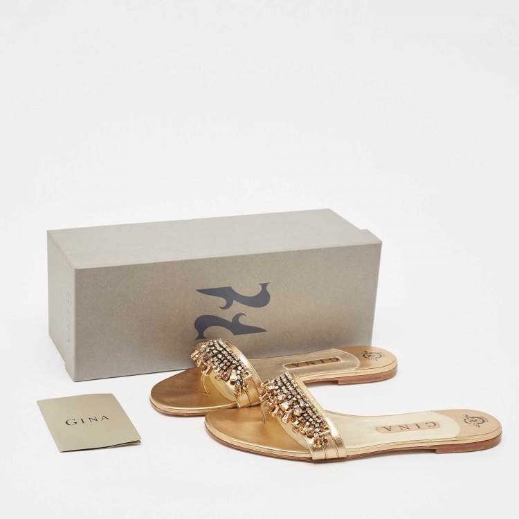 مملوكة مسبقًا Gina Gold Leather Crystal Embellished Flat Slides Size 39.5