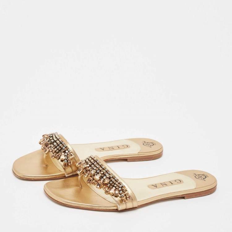 مملوكة مسبقًا Gina Gold Leather Crystal Embellished Flat Slides Size 39.5
