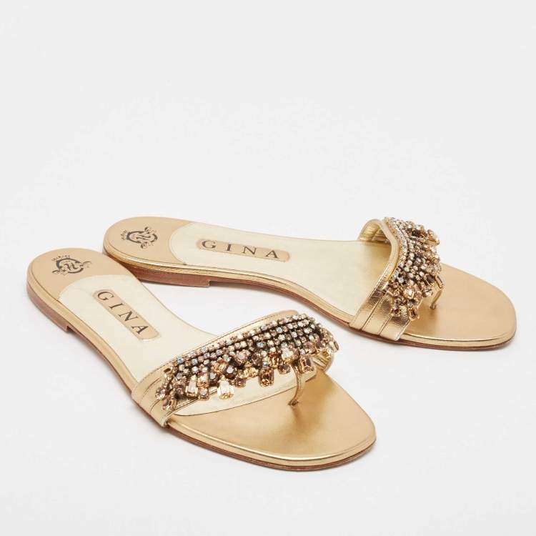 مملوكة مسبقًا Gina Gold Leather Crystal Embellished Flat Slides Size 39.5