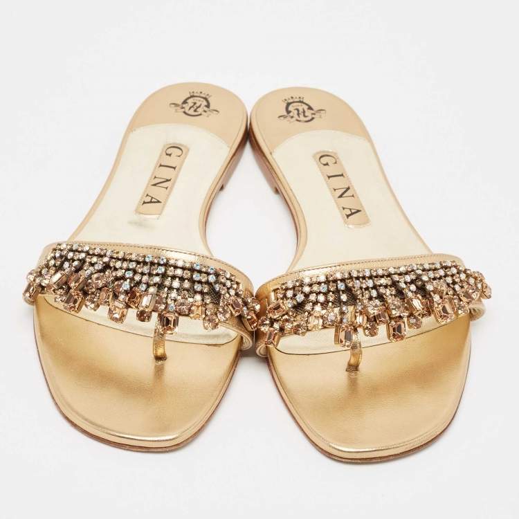 مملوكة مسبقًا Gina Gold Leather Crystal Embellished Flat Slides Size 39.5