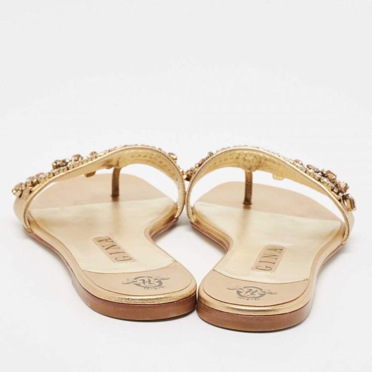 مملوكة مسبقًا Gina Gold Leather Crystal Embellished Flat Slides Size 39.5