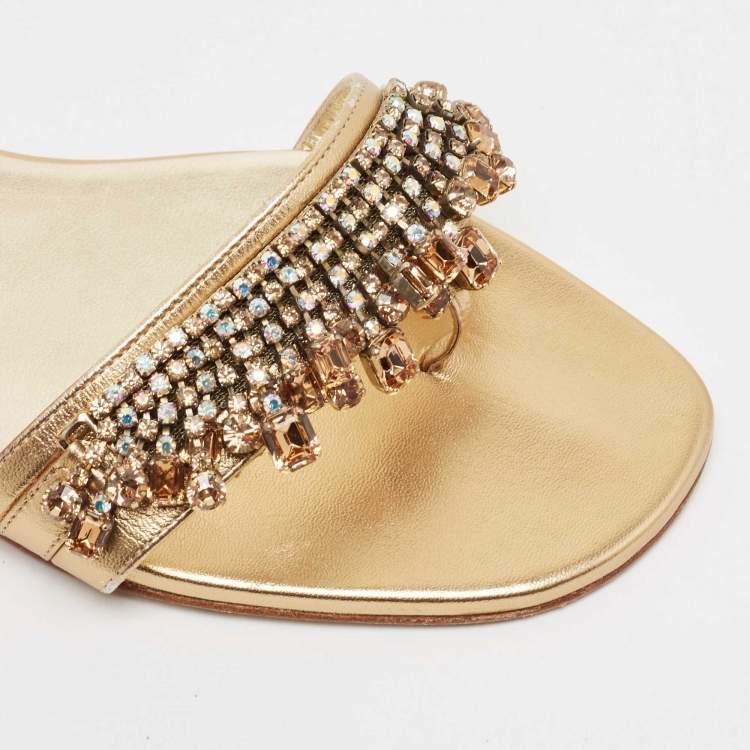 مملوكة مسبقًا Gina Gold Leather Crystal Embellished Flat Slides Size 39.5