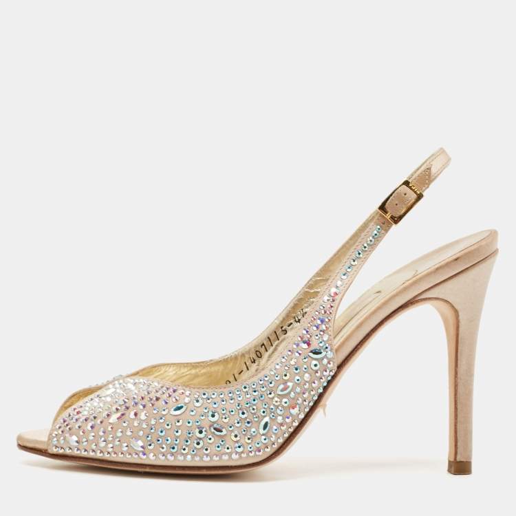 Pre Owned Gina Gold Crystal Embellished Satin Slingback Sandals Size 37.5