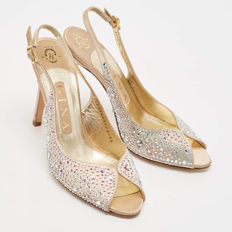 Pre Owned Gina Gold Crystal Embellished Satin Slingback Sandals Size 37.5