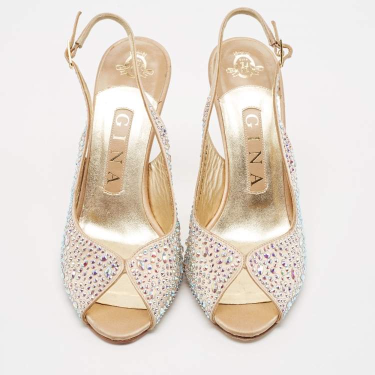 Pre Owned Gina Gold Crystal Embellished Satin Slingback Sandals Size 37.5