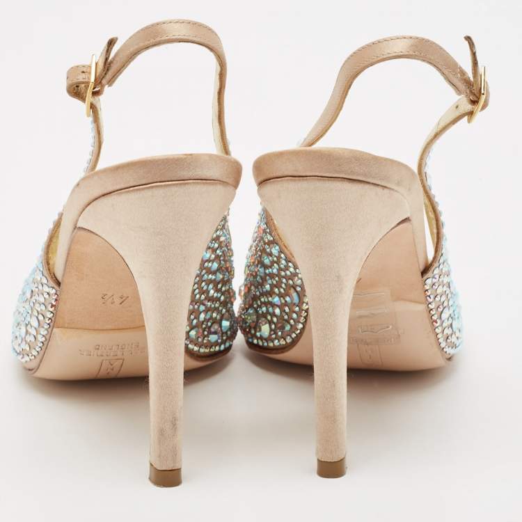 Pre Owned Gina Gold Crystal Embellished Satin Slingback Sandals Size 37.5