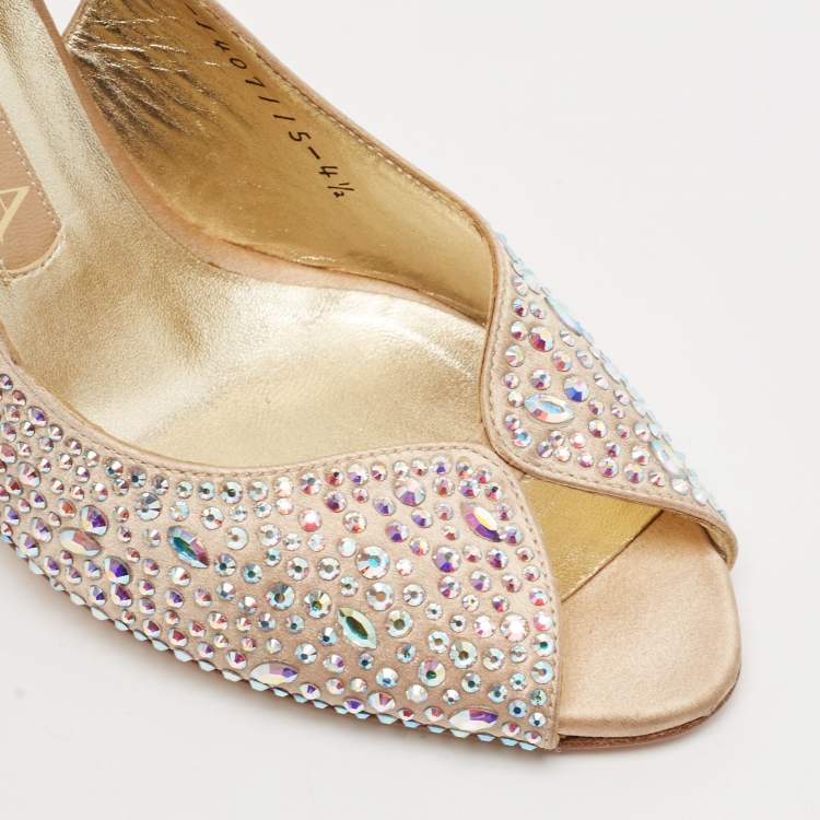 Pre Owned Gina Gold Crystal Embellished Satin Slingback Sandals Size 37.5