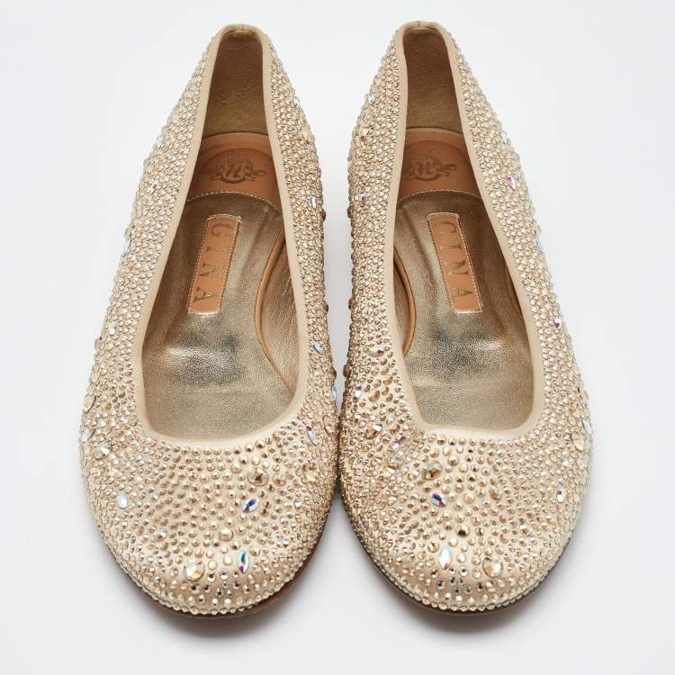 Pre Owned Gina Gold Satin Crystal Embellished Ballet Flats Size 41