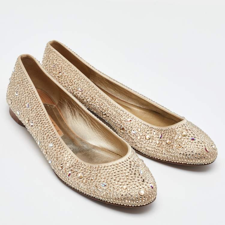 Pre Owned Gina Gold Satin Crystal Embellished Ballet Flats Size 41