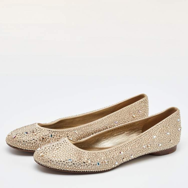Pre Owned Gina Gold Satin Crystal Embellished Ballet Flats Size 41