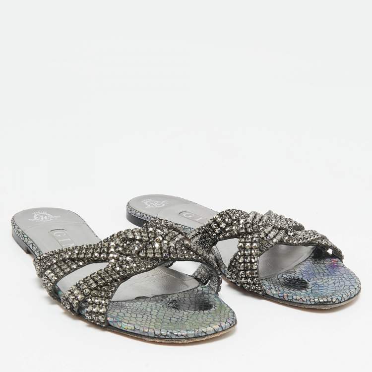 مملوكة مسبقًا Gina Silver Croc Embossed Leather Crystals Flat Slides Size 38.5