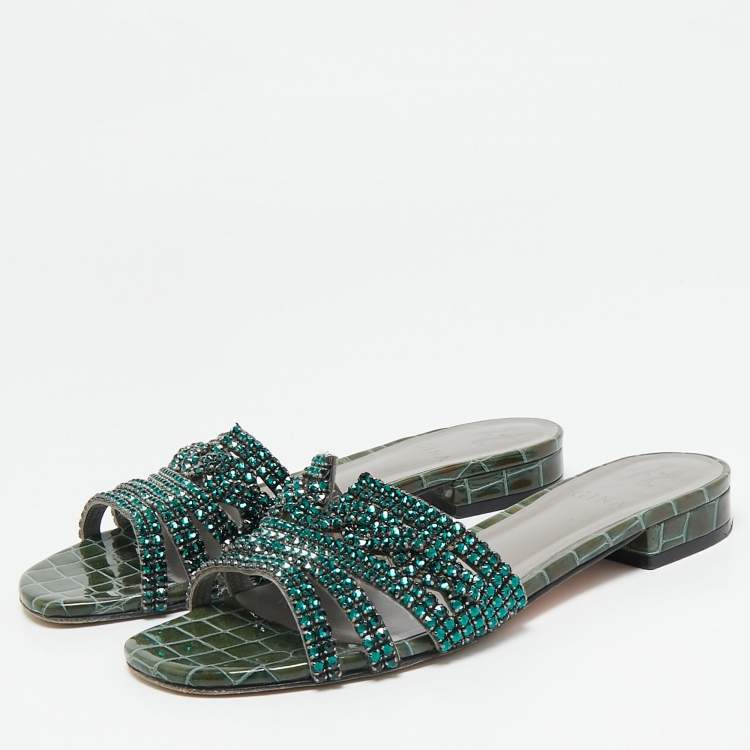 Pre Owned Gina Green Crystal Embellished Leather Flat Slides Size 39