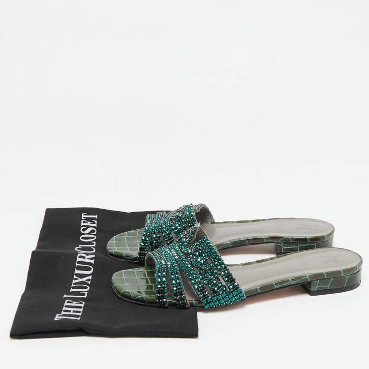 Pre Owned Gina Green Crystal Embellished Leather Flat Slides Size 39
