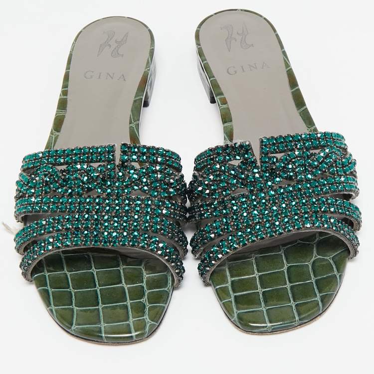 Pre Owned Gina Green Crystal Embellished Leather Flat Slides Size 39
