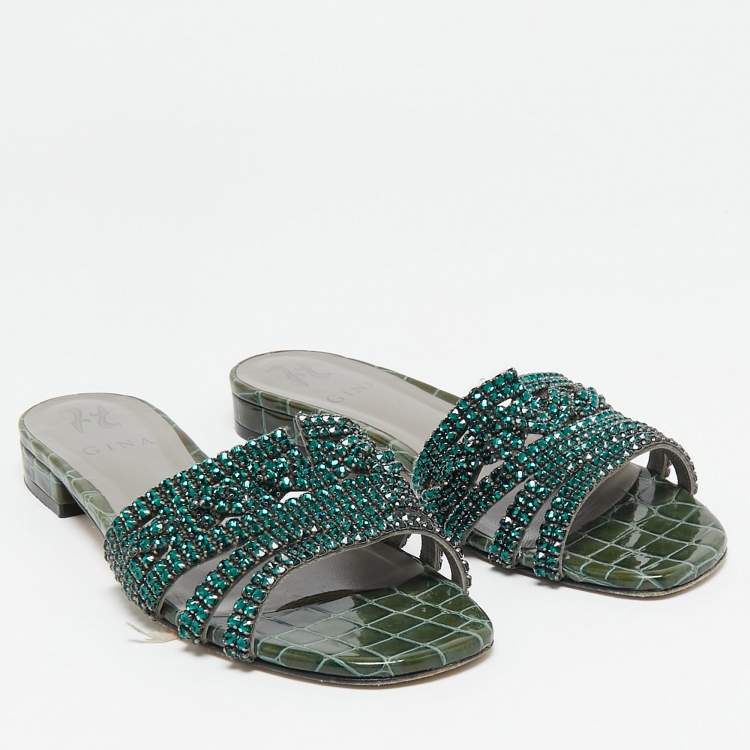 Pre Owned Gina Green Crystal Embellished Leather Flat Slides Size 39