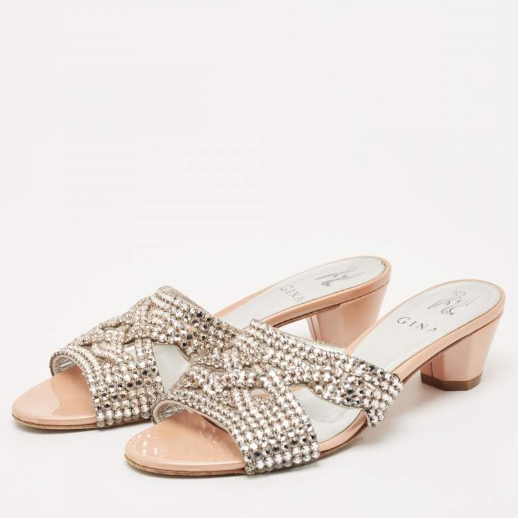 Pre Owned Gina Beige Leather Crystal Embellished Slide Sandals Size 38