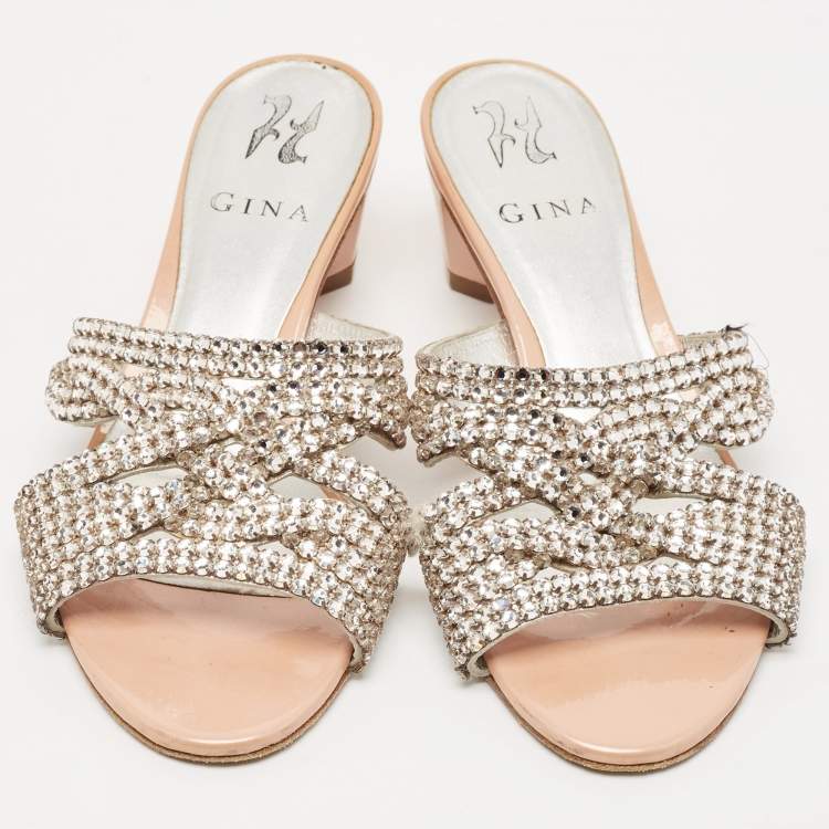 Pre Owned Gina Beige Leather Crystal Embellished Slide Sandals Size 38