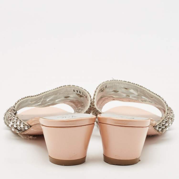 Pre Owned Gina Beige Leather Crystal Embellished Slide Sandals Size 38