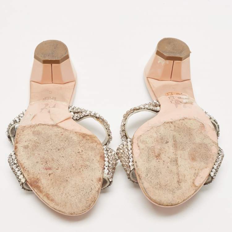 Pre Owned Gina Beige Leather Crystal Embellished Slide Sandals Size 38