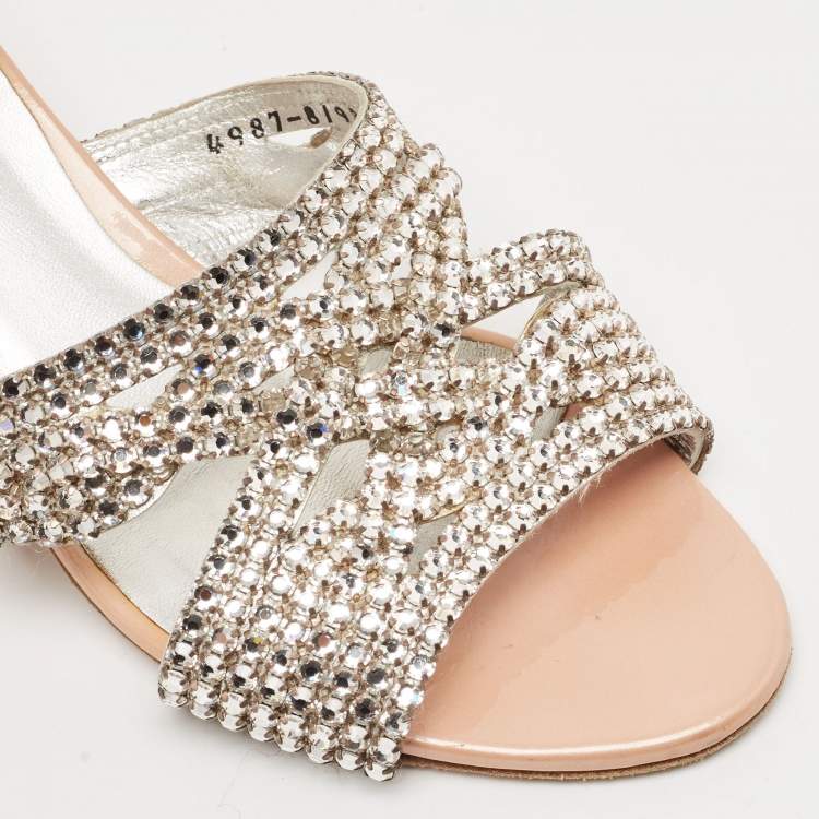 Pre Owned Gina Beige Leather Crystal Embellished Slide Sandals Size 38