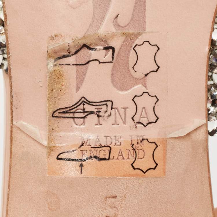 Pre Owned Gina Beige Leather Crystal Embellished Slide Sandals Size 38