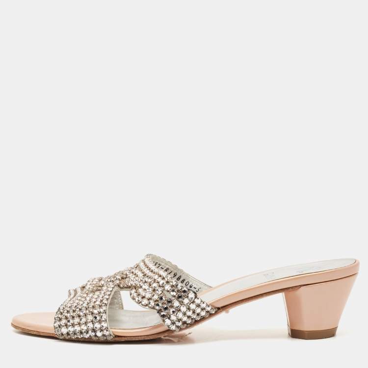 Pre Owned Gina Beige Leather Crystal Embellished Slide Sandals Size 38