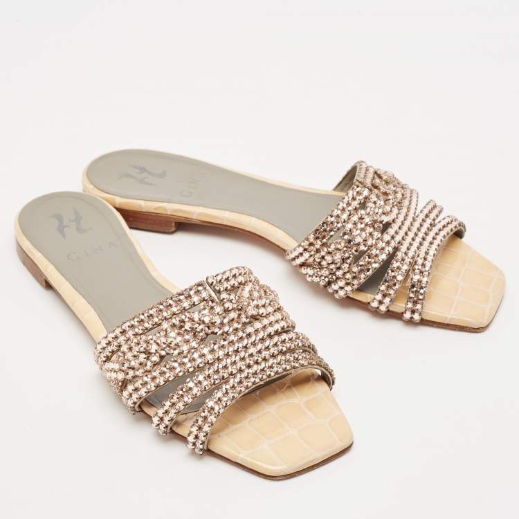 Pre Owned Gina Cream/Grey Croc Embossed Patent Leather Dakota Slide Flats Size 38